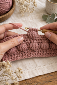 Hands making a raised crochet bobble stitch on a dusty rose swatch in natural light