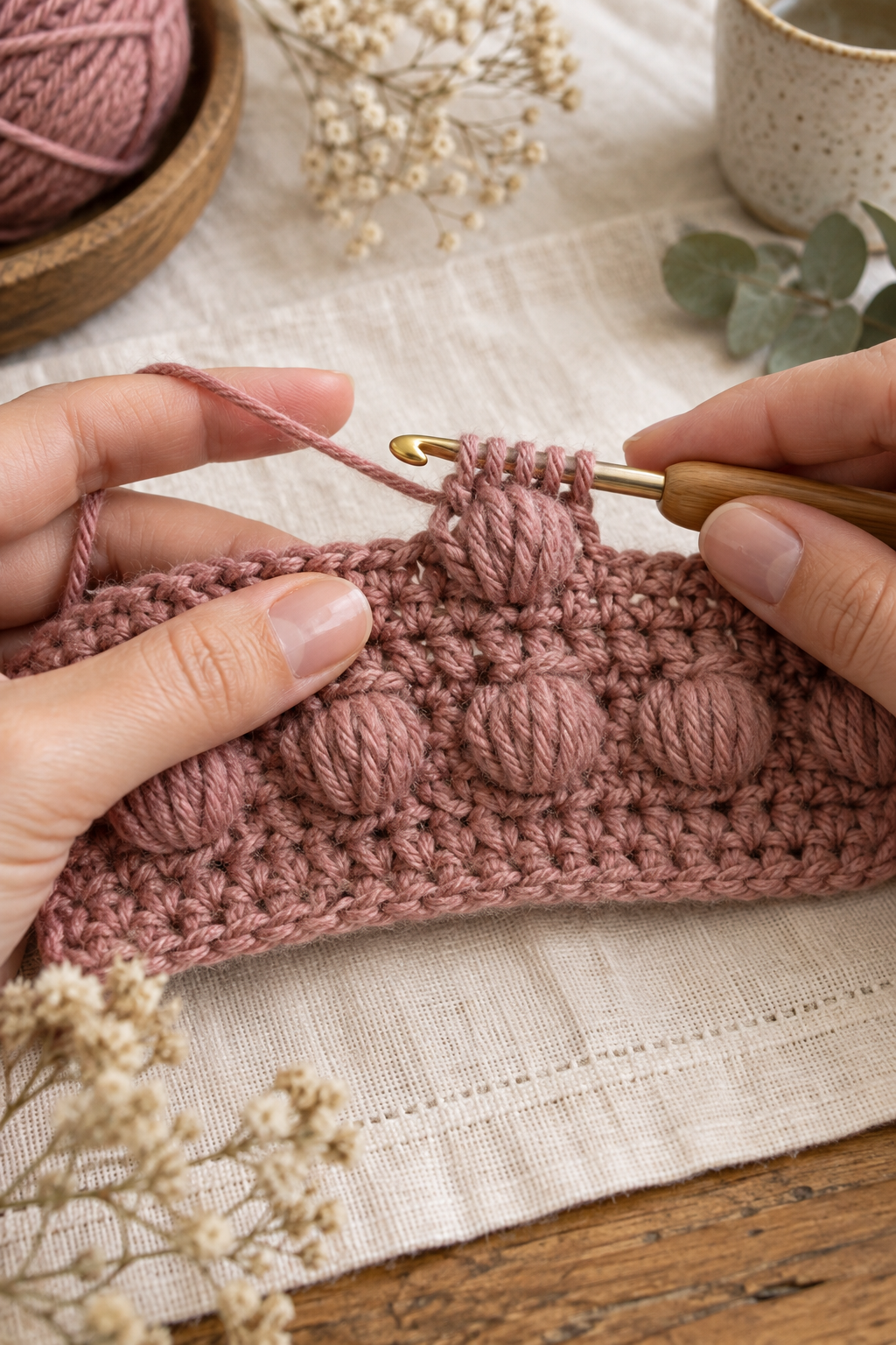 Hands making a raised crochet bobble stitch on a dusty rose swatch in natural light