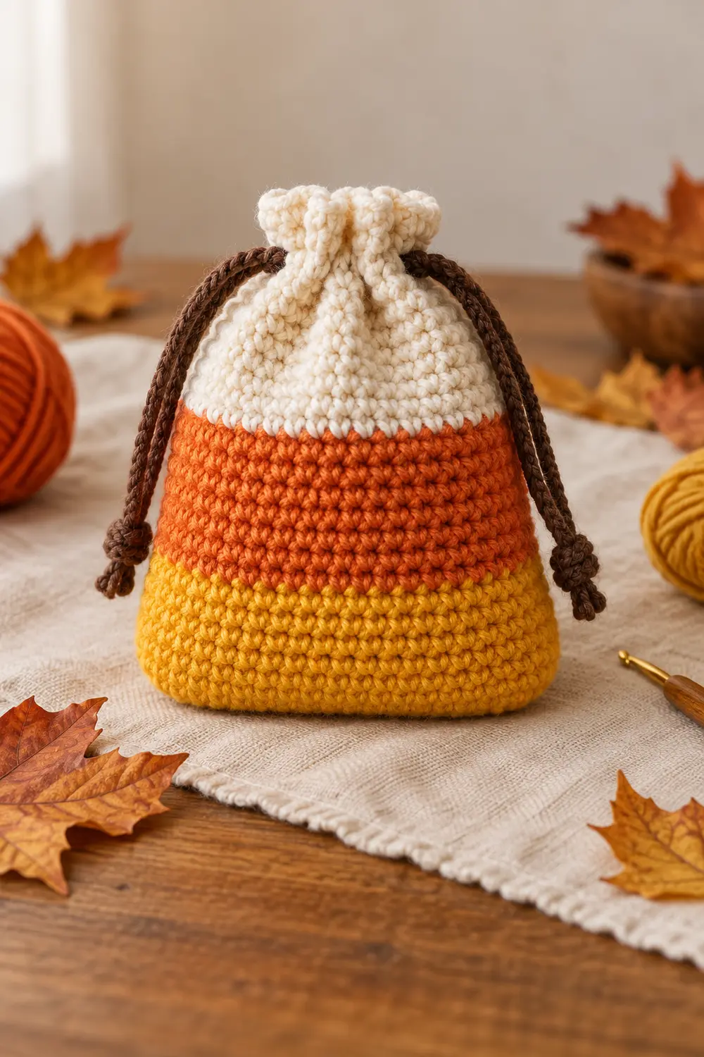 Handmade crochet candy corn treat bag in white orange and yellow for Halloween
