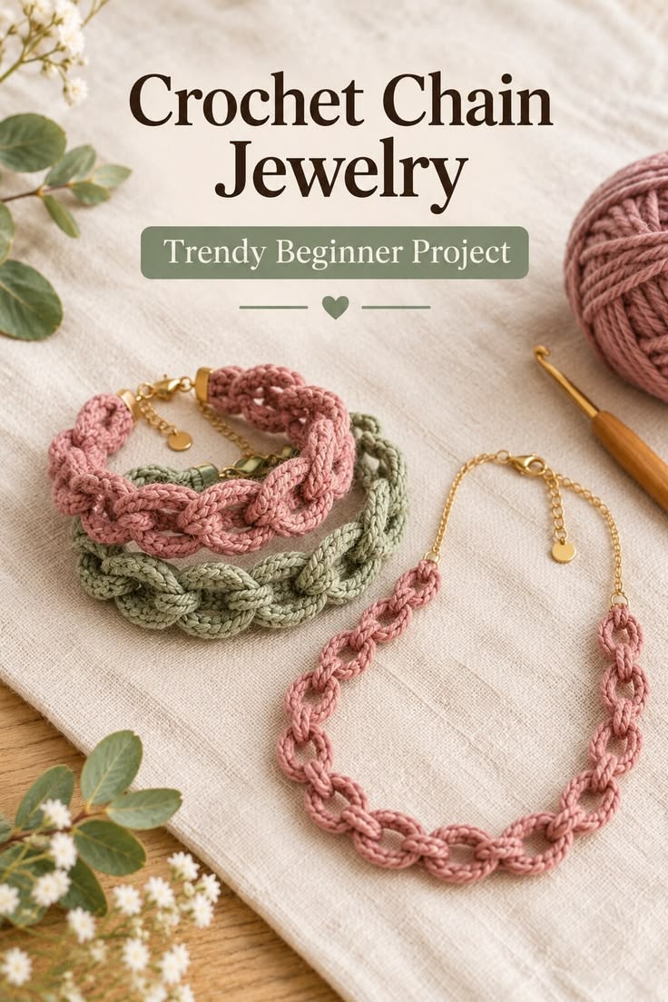 Handmade crochet chain jewelry with dusty rose yarn and a crochet hook.