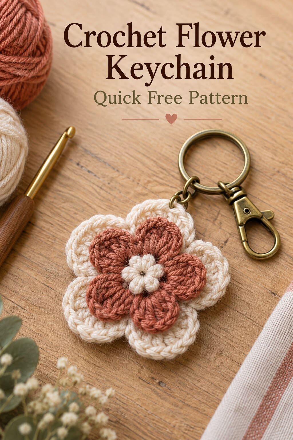 Cream and terracotta crochet flower keychain with brass ring