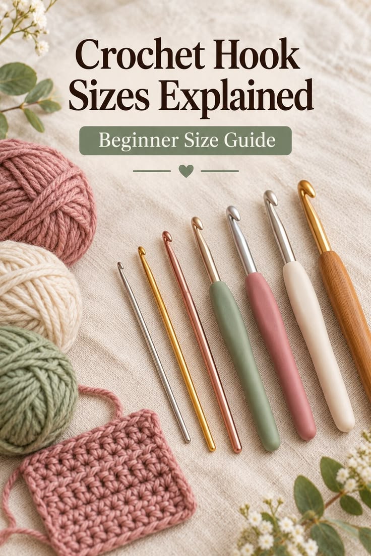 Crochet hooks in several sizes arranged with yarn on cream linen.