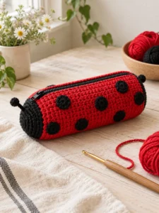 Red and black crochet ladybird pencil case with zipper