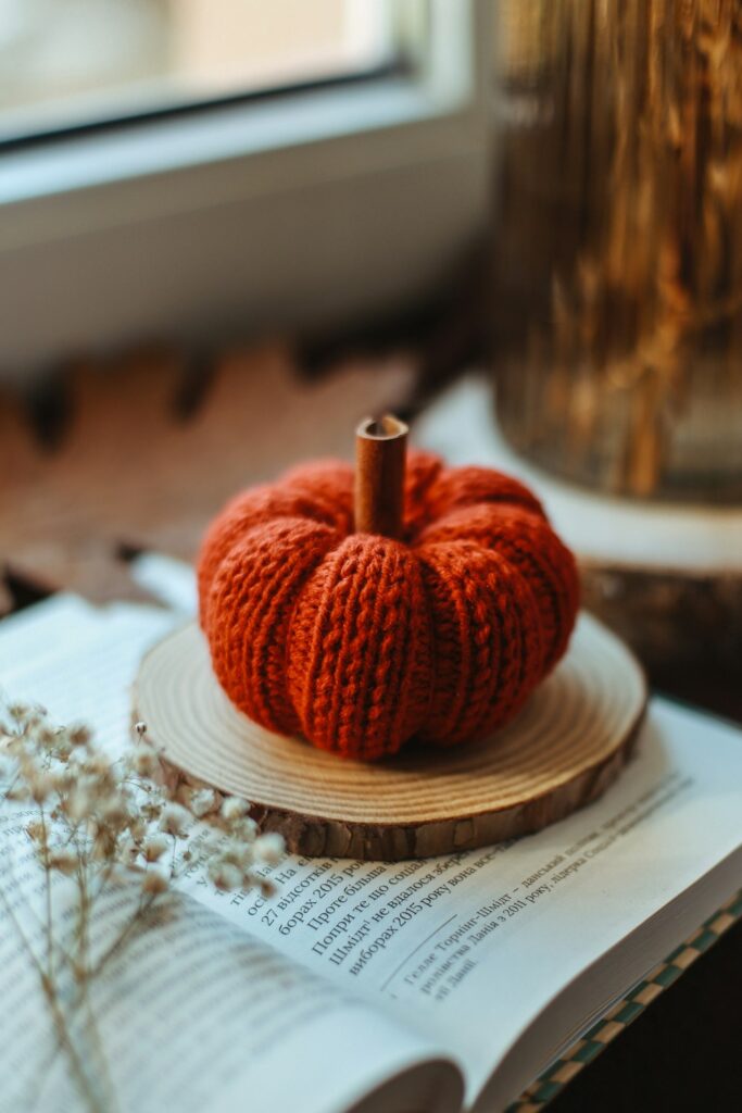 Soft handmade pumpkin decoration on a book in a warm neutral fall setting