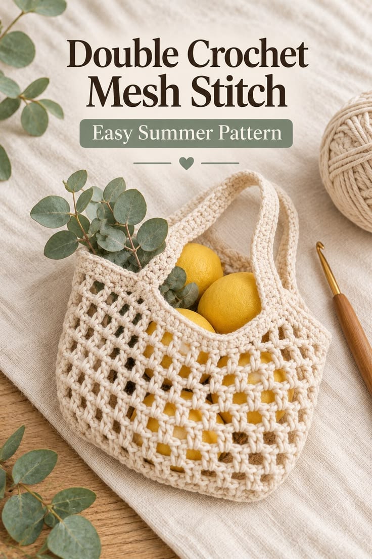 Dusty rose double crochet mesh swatch with yarn and crochet hook.