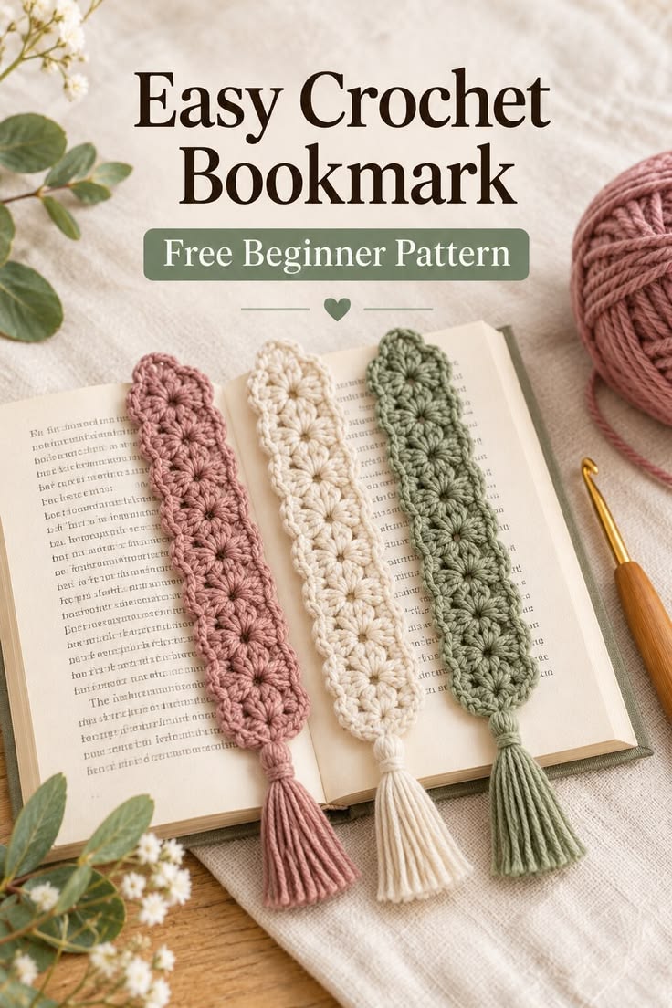 Three slim crochet bookmarks in dusty rose cream and sage inside an open book.