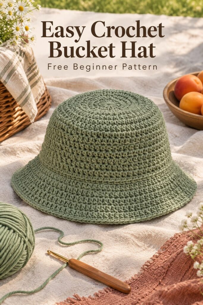 Sage green crochet bucket hat with a defined brim