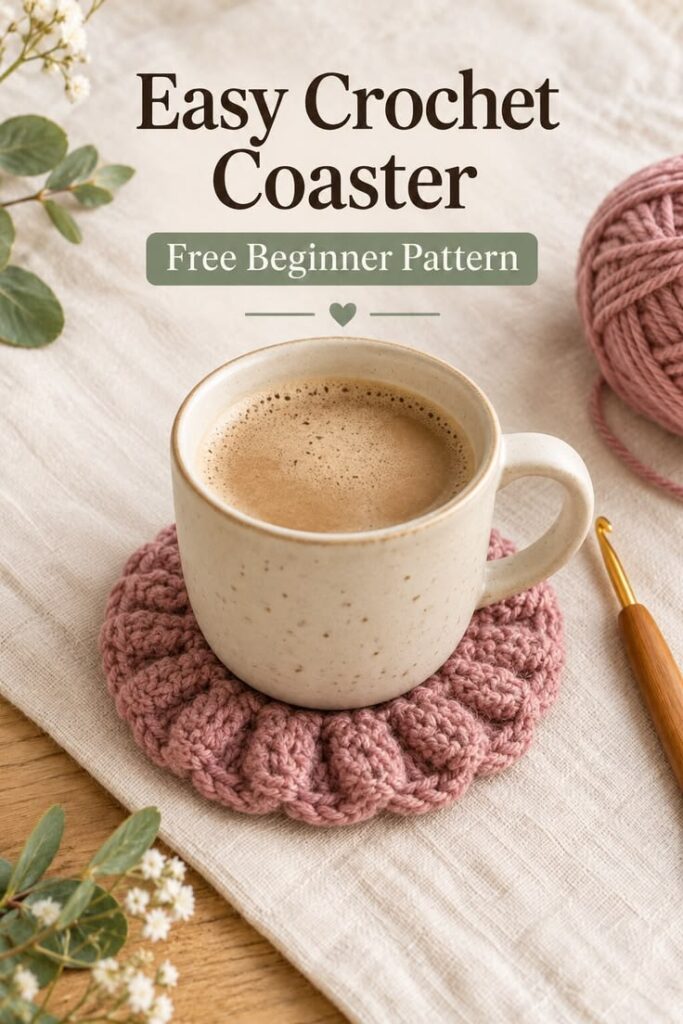 Dusty rose crochet coaster under a cream coffee mug on linen.