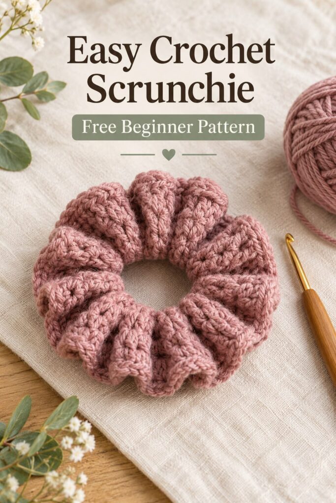 Dusty rose crochet scrunchie with yarn and crochet hook