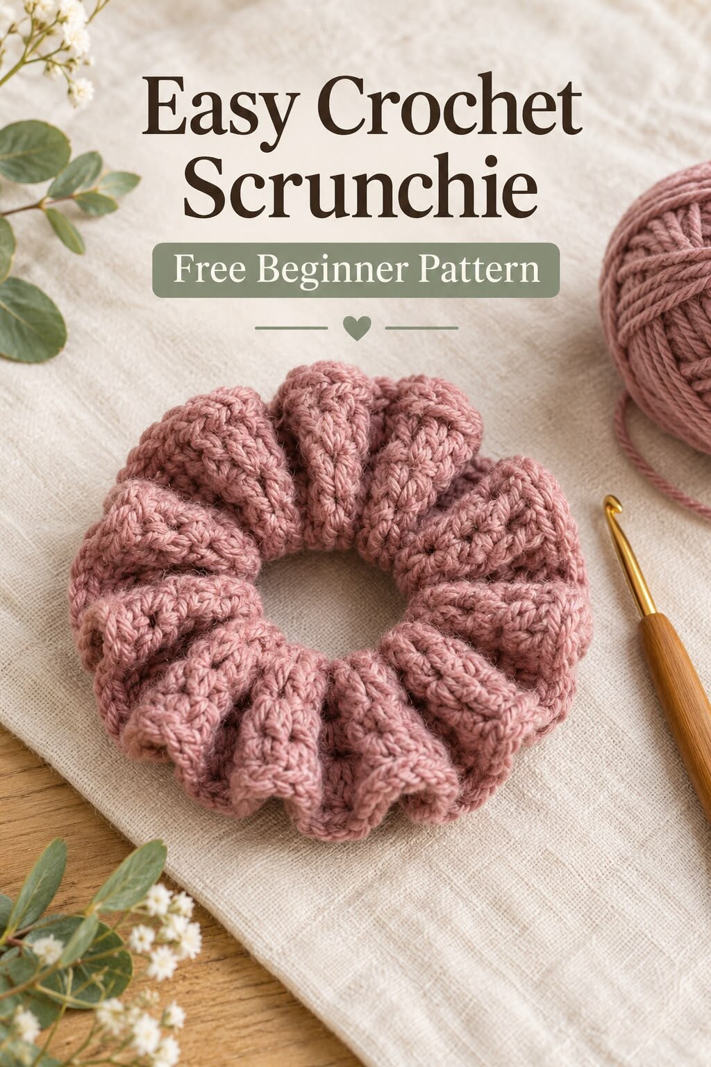 Dusty rose crochet scrunchie with yarn and crochet hook