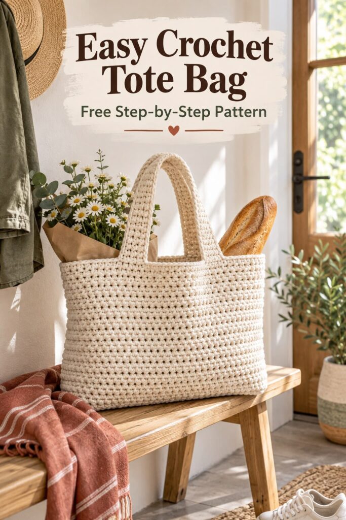 Cream crochet tote bag with sturdy handles in natural light