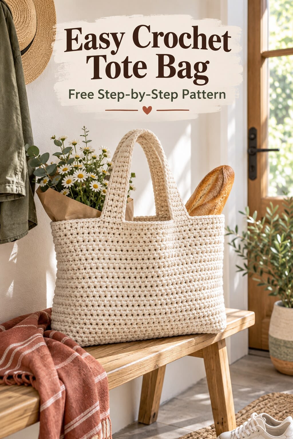Cream crochet tote bag with sturdy handles in natural light