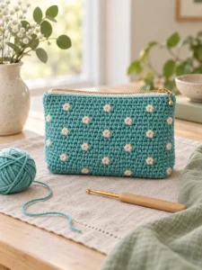Turquoise crochet zipper pouch with cream polka dots on a warm craft table