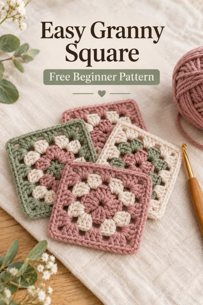 Dusty rose cream and sage granny squares arranged on linen.