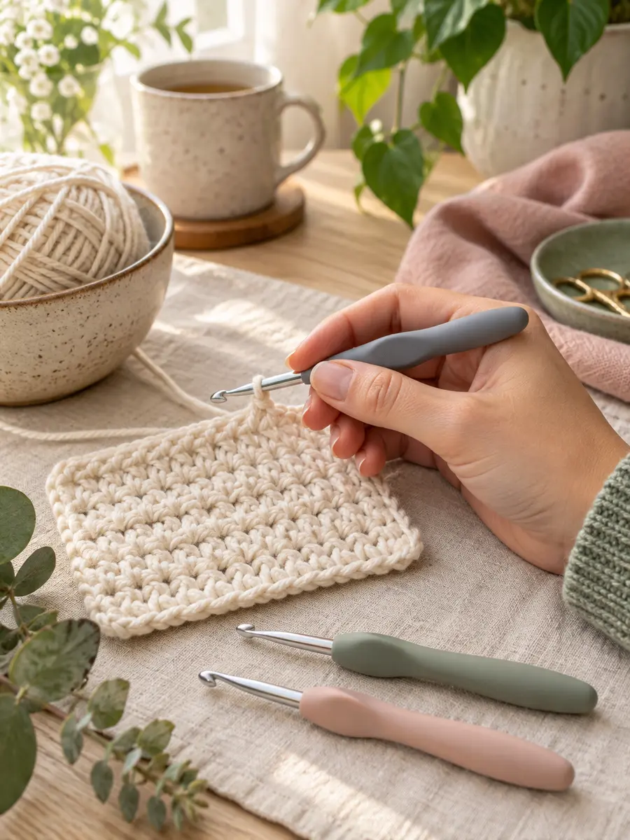 Hand using a gray ergonomic crochet hook with a cream swatch