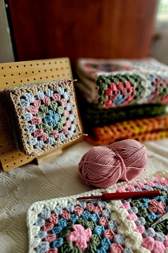 Colorful granny square crochet pieces arranged in a cozy handmade workspace