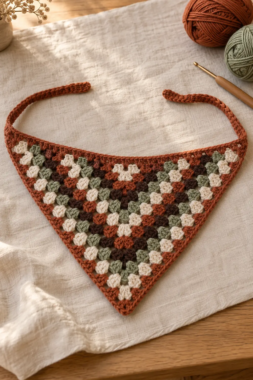 Handmade granny stitch triangle crochet bandana styled in warm autumn colors