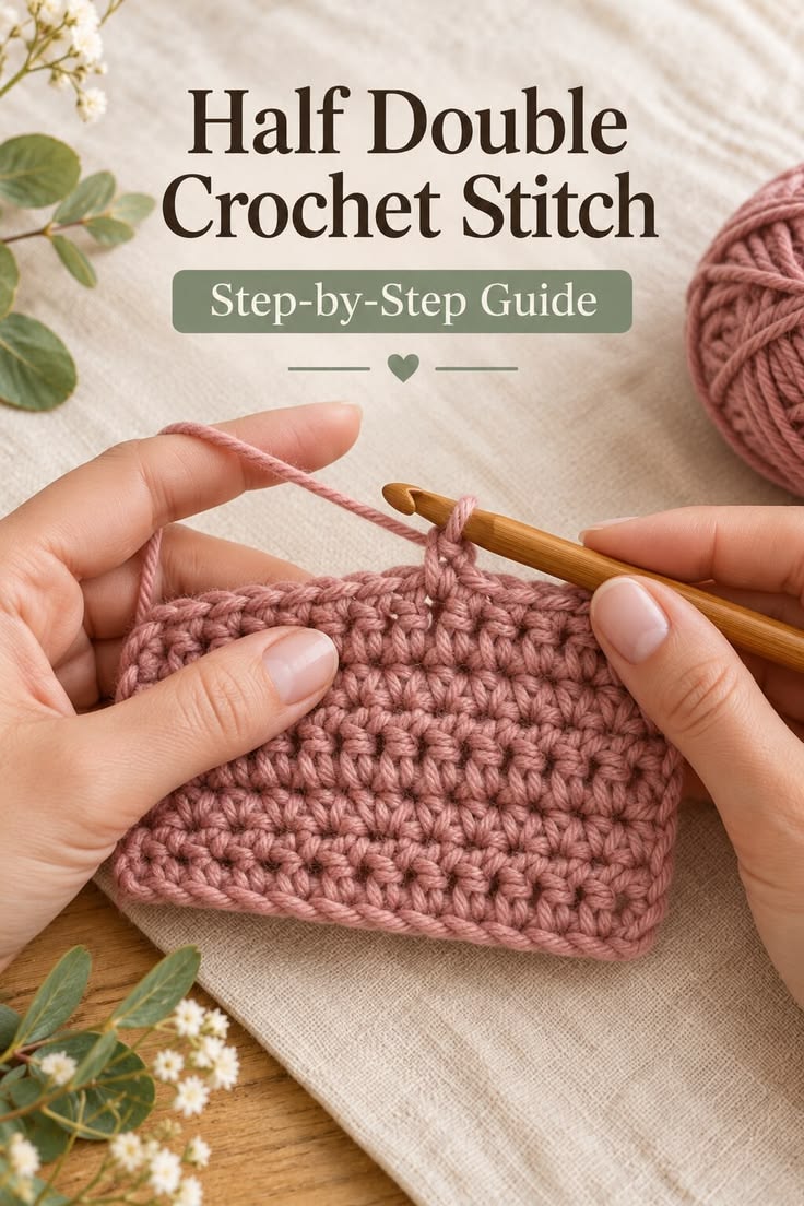 Hands making a half double crochet stitch in dusty rose yarn.