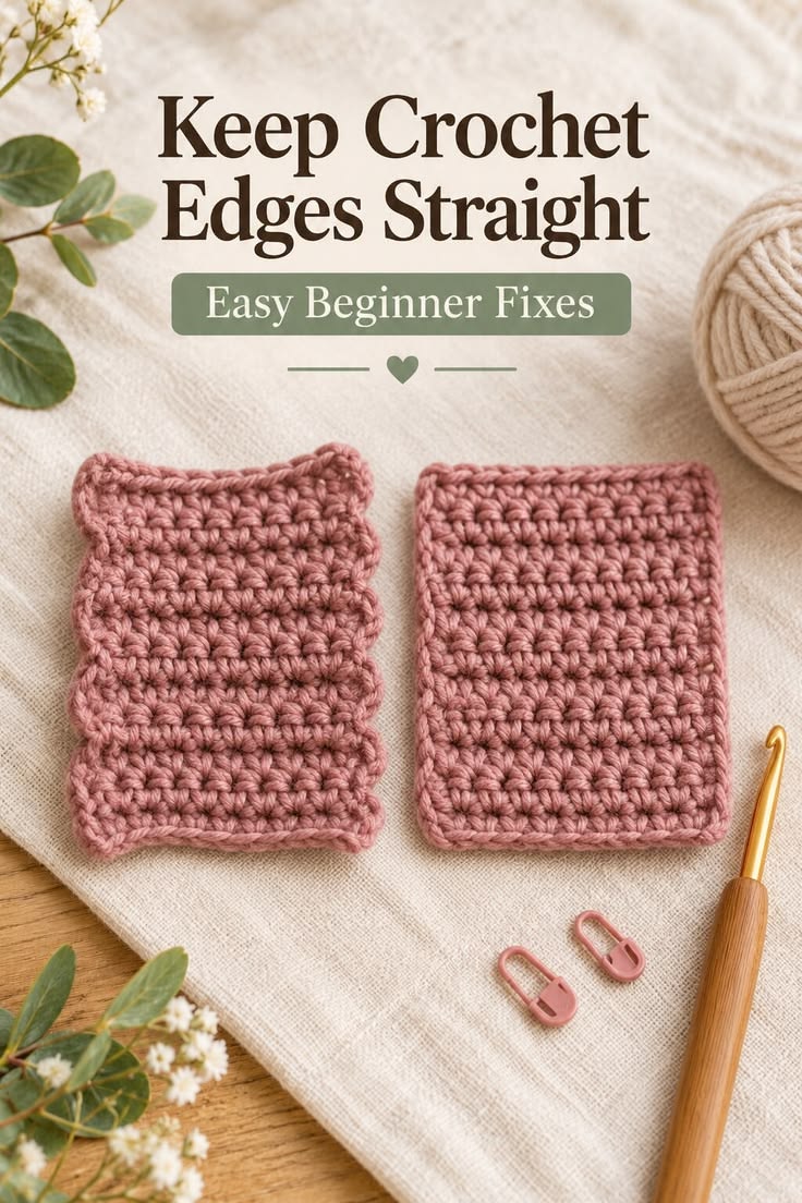 Two dusty rose crochet swatches comparing uneven and straight edges.