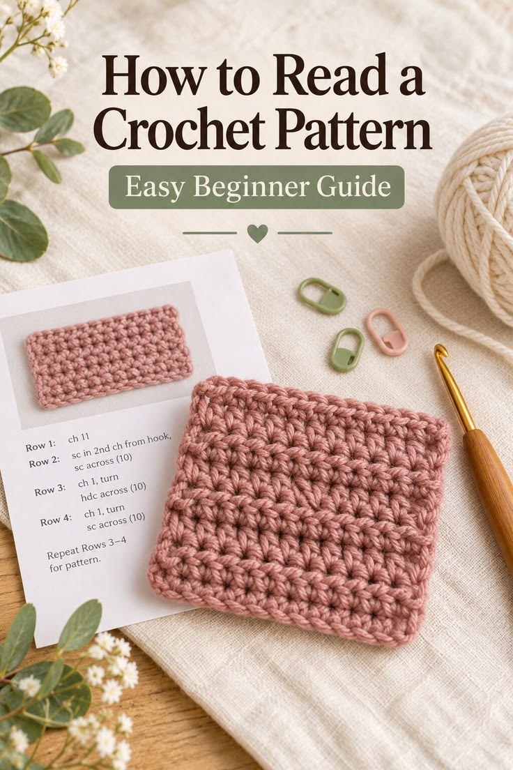 Printed crochet pattern with a dusty rose swatch, yarn and stitch markers.