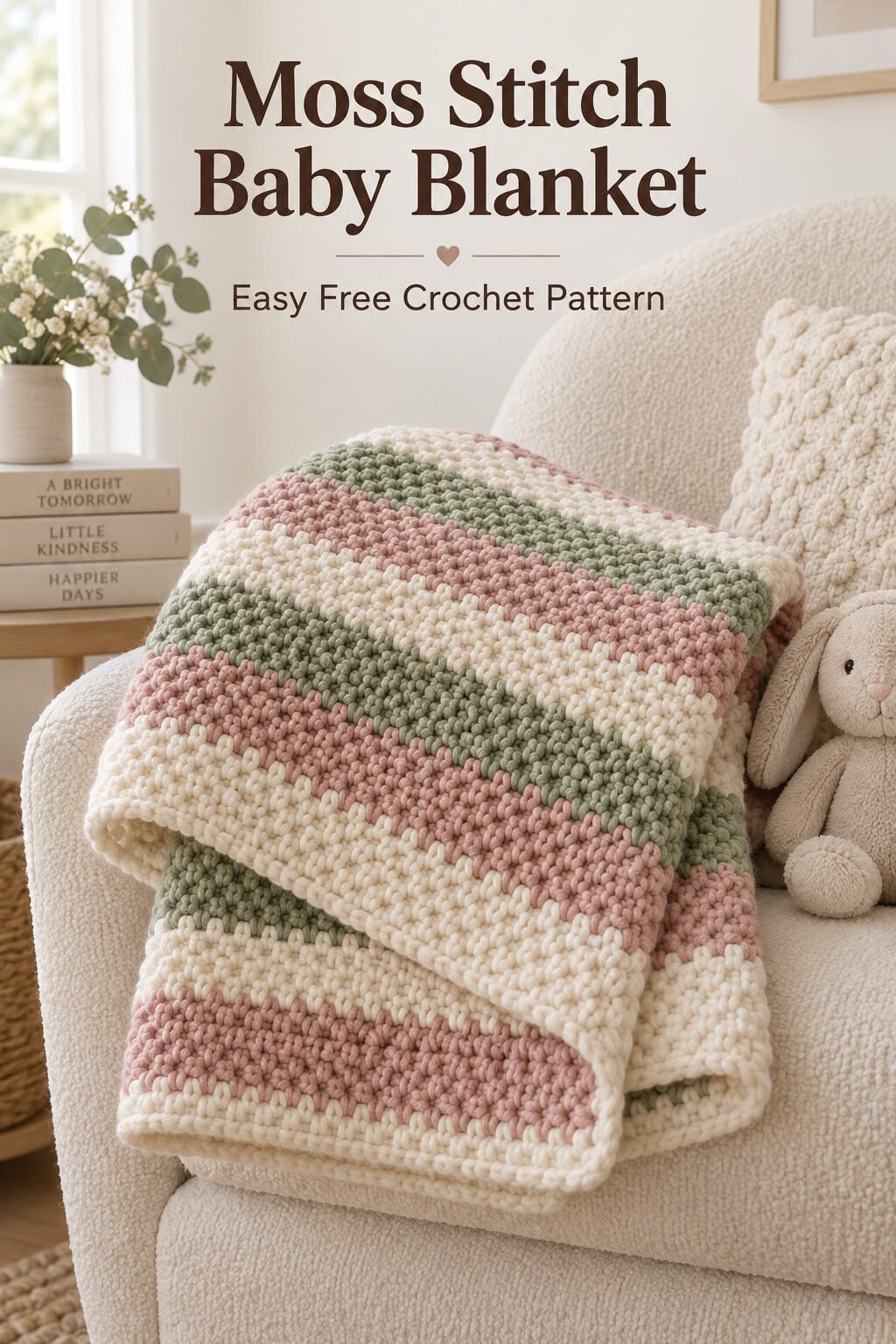 Moss stitch crochet baby blanket in cream dusty rose and sage stripes