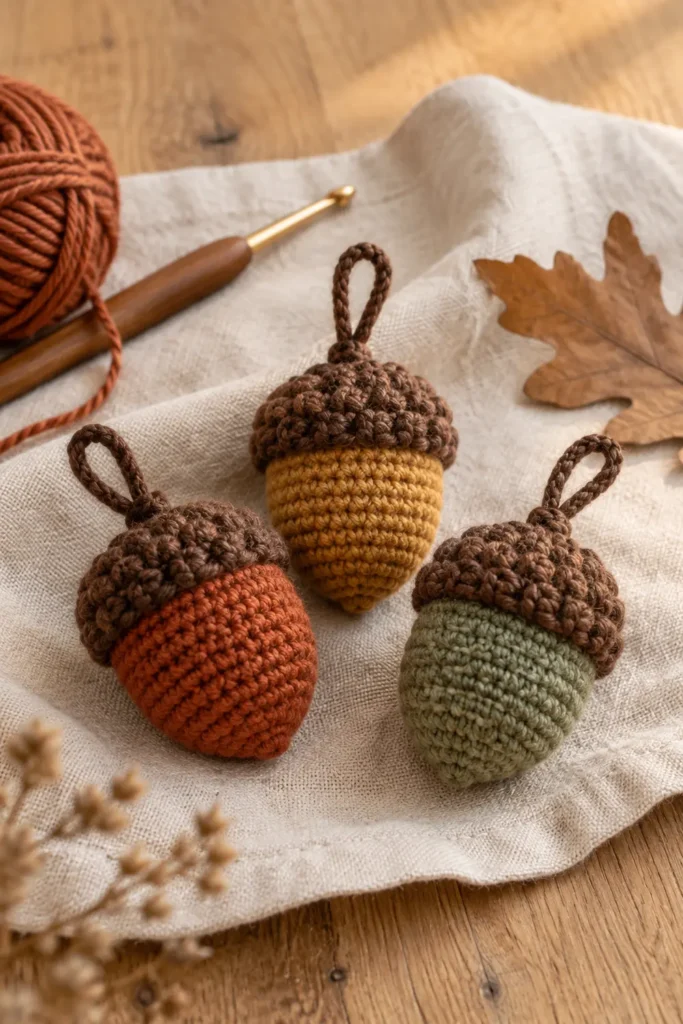 Handmade crochet acorn ornaments in warm autumn colors on a cozy neutral background