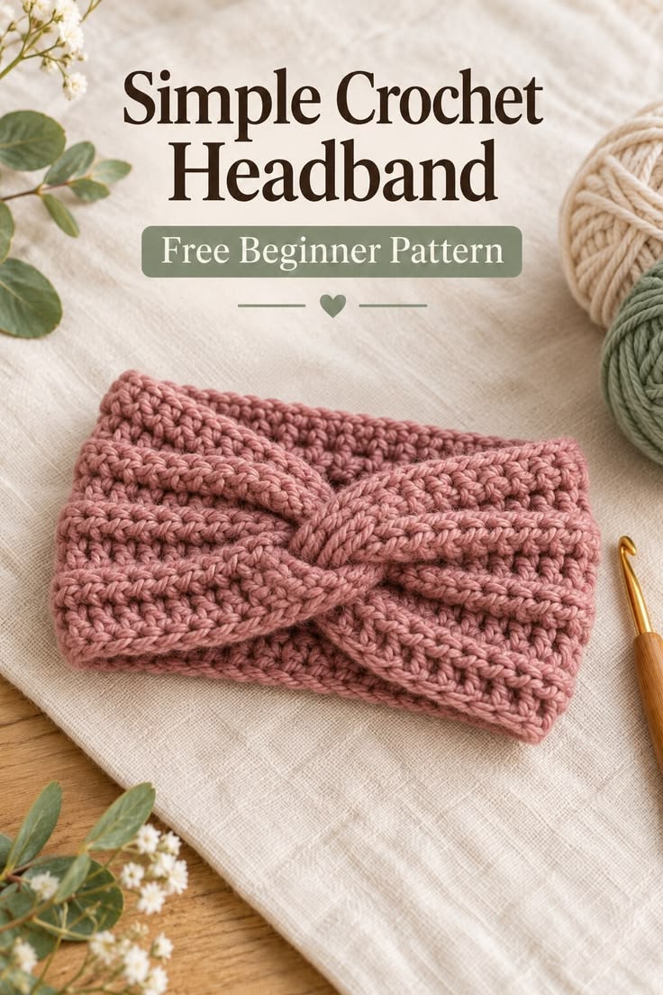 Dusty rose crochet headband displayed on cream linen with yarn.