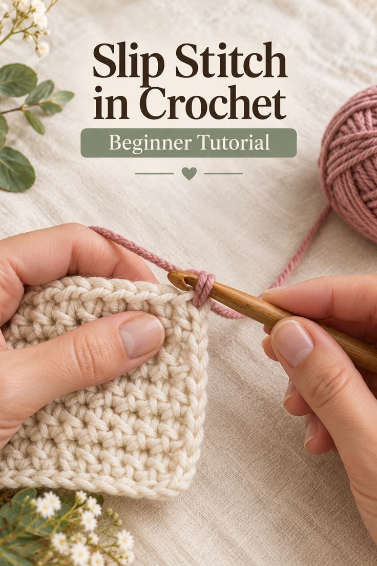 Hands making a slip stitch at the edge of a cream crochet swatch.