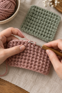 Hands crocheting a dense thermal stitch swatch with a hook on a warm neutral craft table